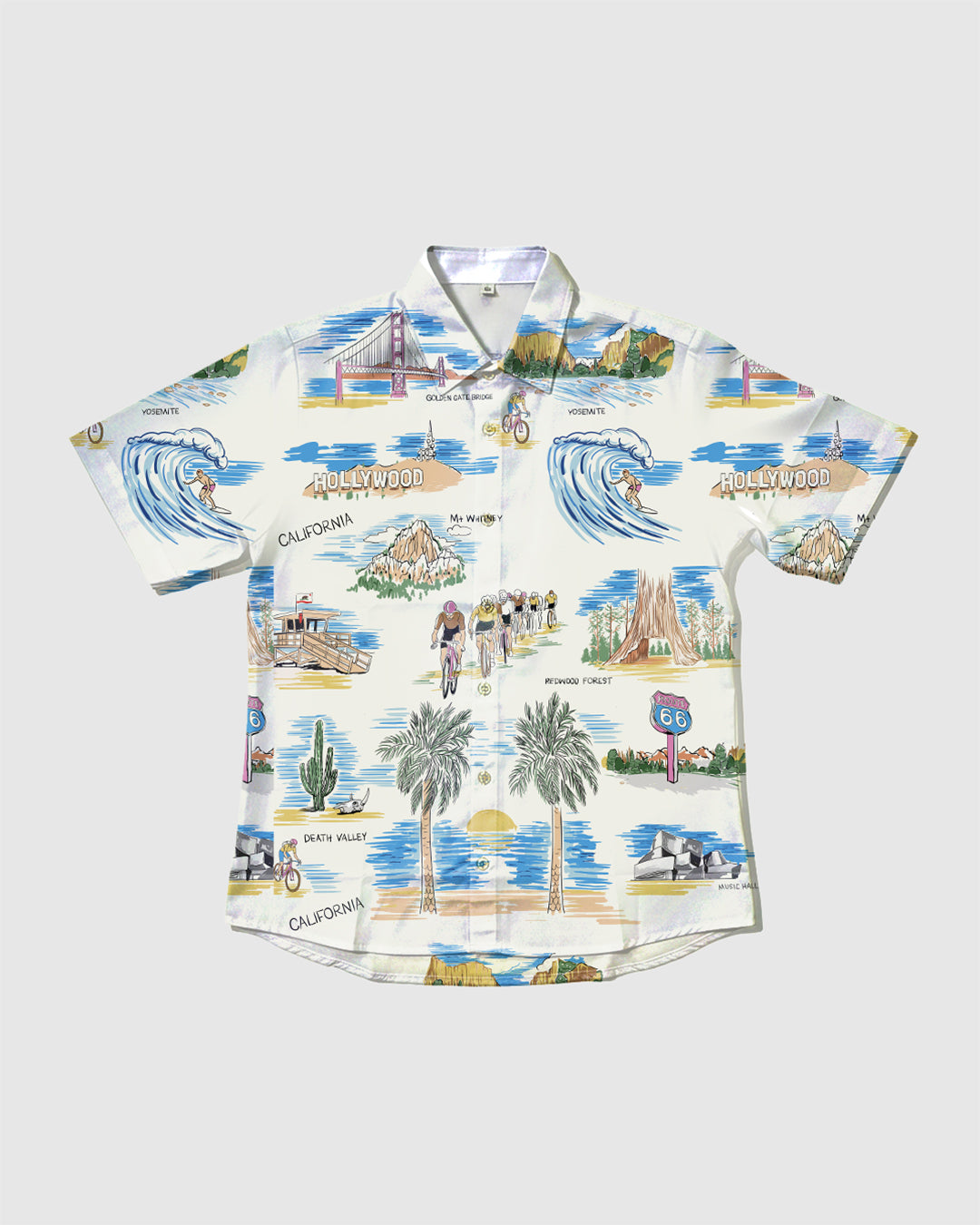 Resort shirt with California-themed design on a white background