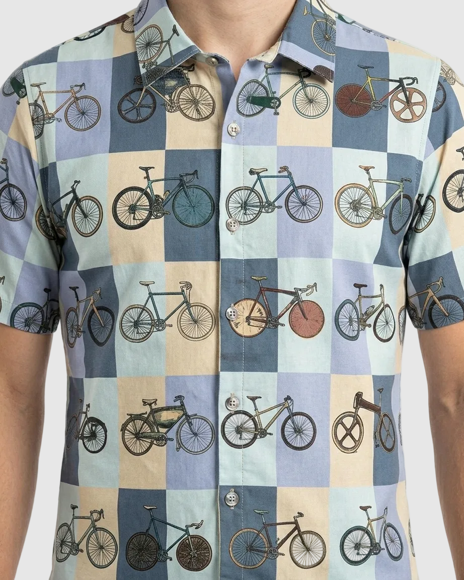 Shirt with bicycle pattern on a checkered background